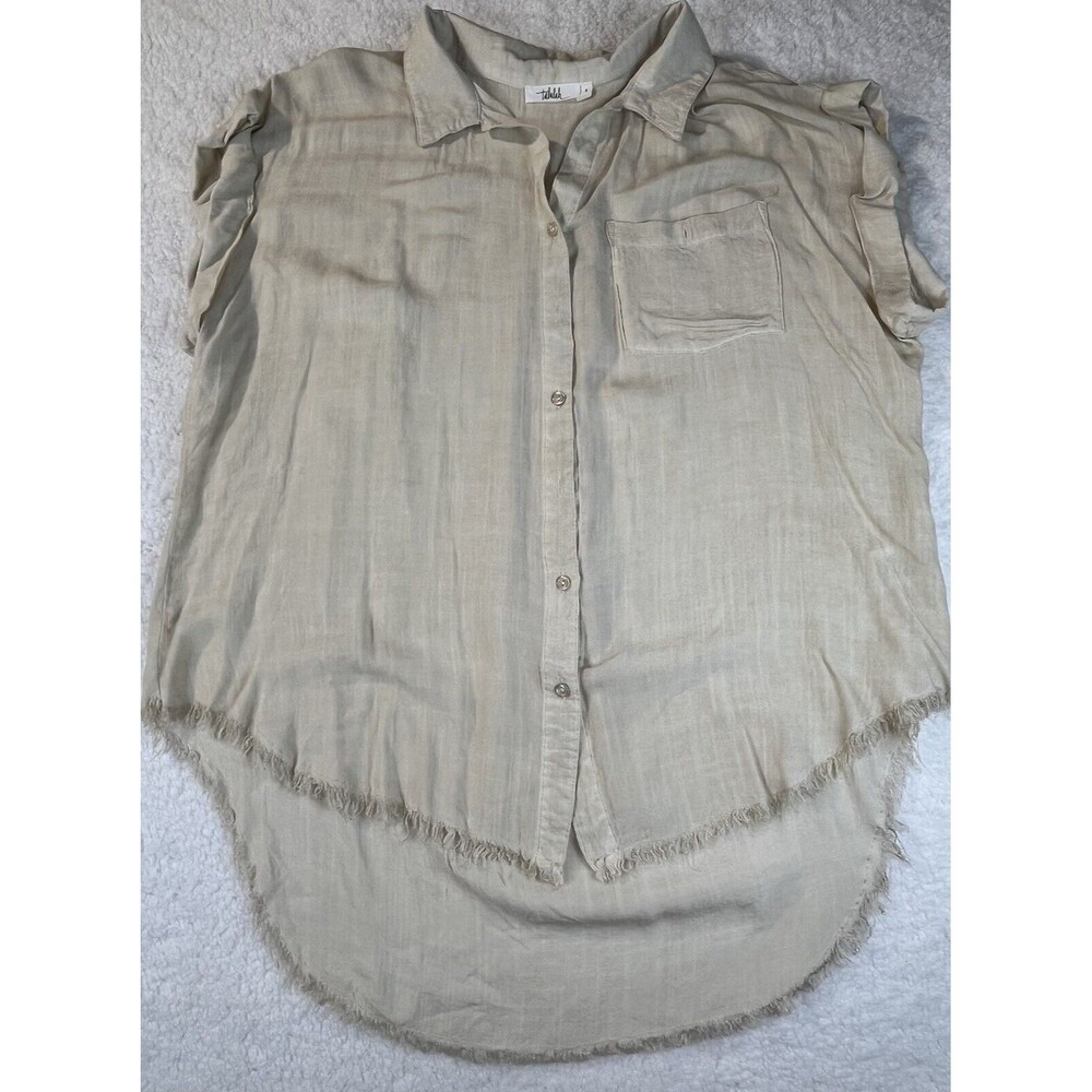 Talulah Shirt Womens Sz L button front Khaki raw hem cuffed sleeves acid wash